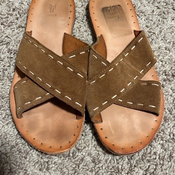 Frye Avery Pickstitch Slides Suede Tan Sandals Shoes Leather Anthropologie - Picture 8 of 8